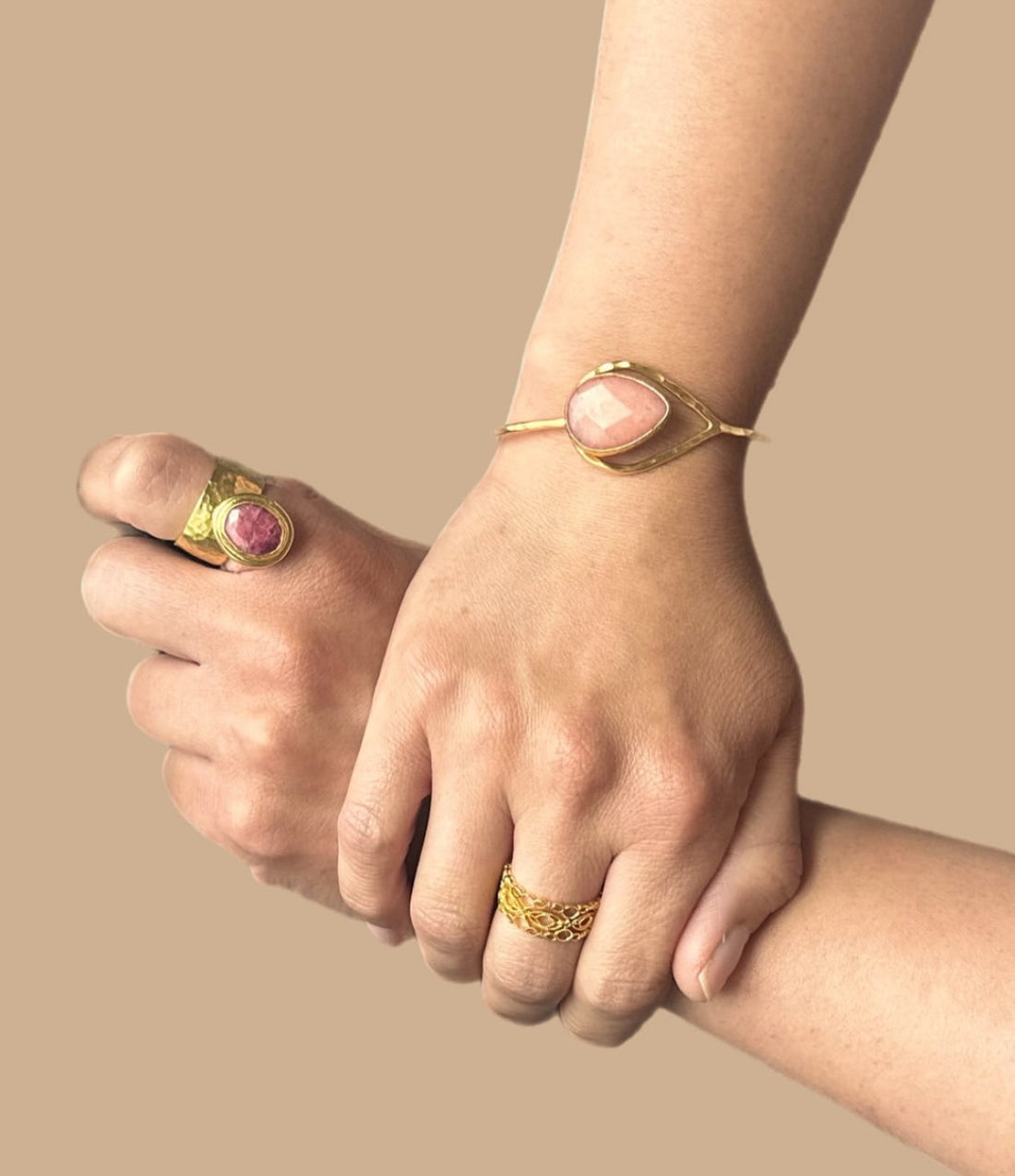 Artisanal gold-plated waterproof gemstone rings and bracelet