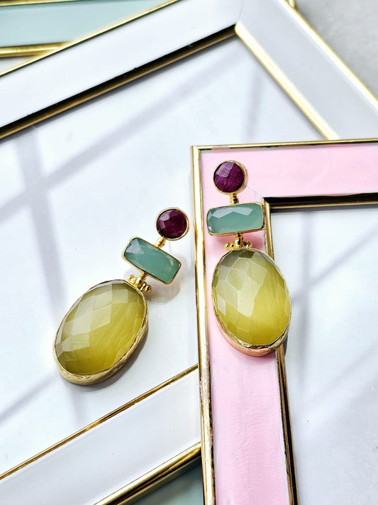 Nilufer Yellow Agate, Ruby, and Aqua Earrings