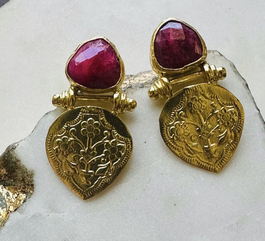 artisanal sustainable gold-plated ruby stud earrings with intricate etchings