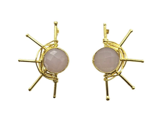 Artisanal sustainable gold-plated contemporary web design earrings with round rose quartz gemstone center against white background