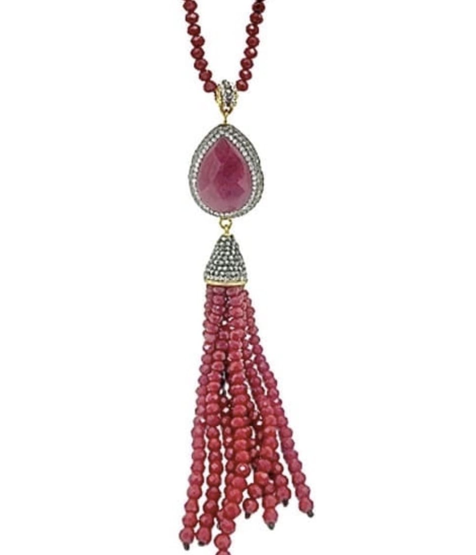 Red Wood Beads Tassel Statement Necklace - Multilayer Bib Collar Pendant With Aged Brass Beads - View #3