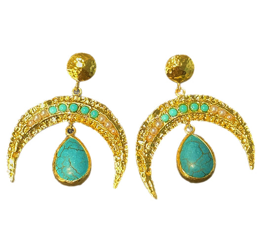 Turquoise and Pearl Cresent Horn Earrings