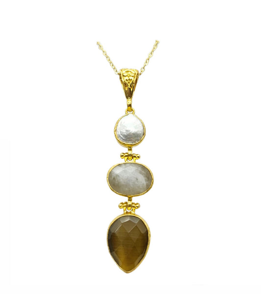 21k gold plated multi-stone pendant necklace boasts teardrop flat pearl, oval faceted mon stone, and teardrop faceted yellow agate