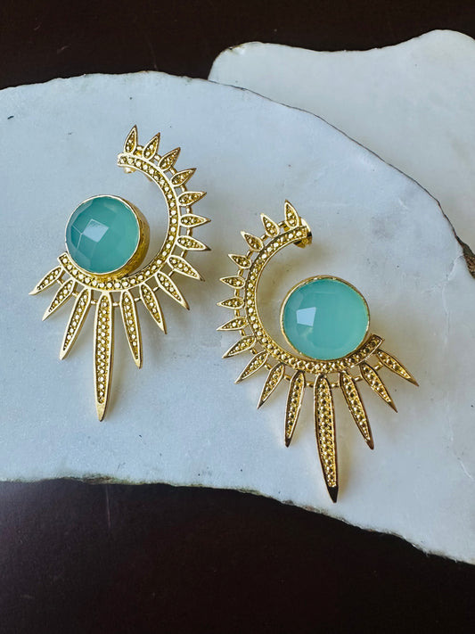 Sabira Aqua Chalcedony Crescent Sunburst Earrings