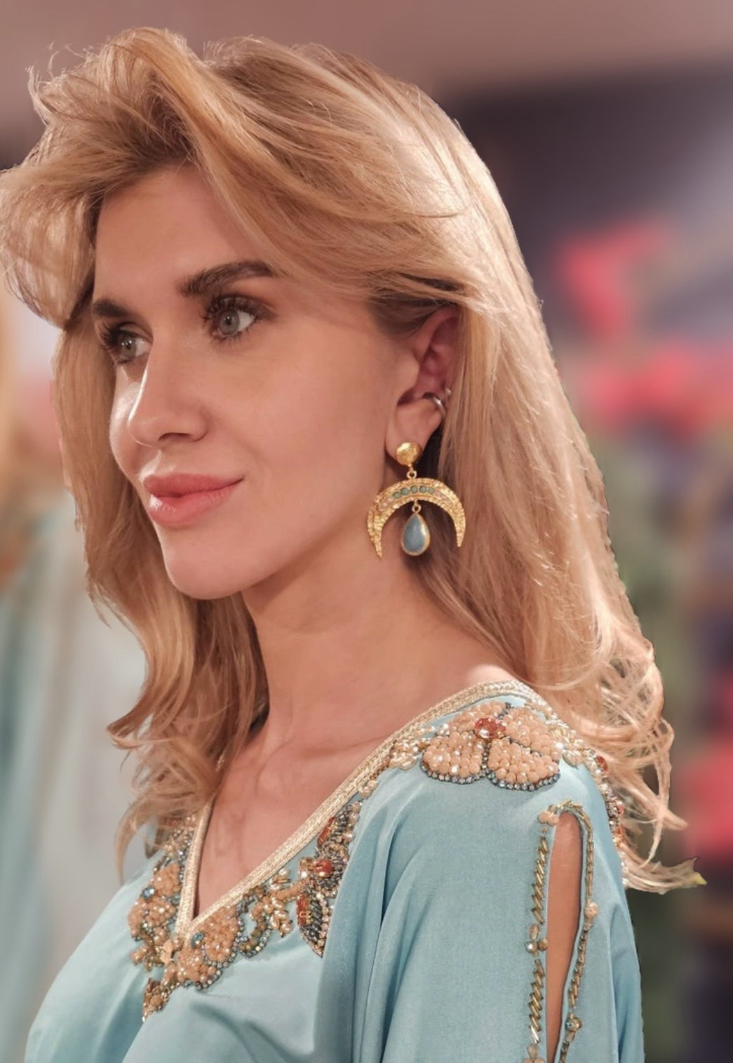 Turquoise and Pearl Cresent Horn Earrings