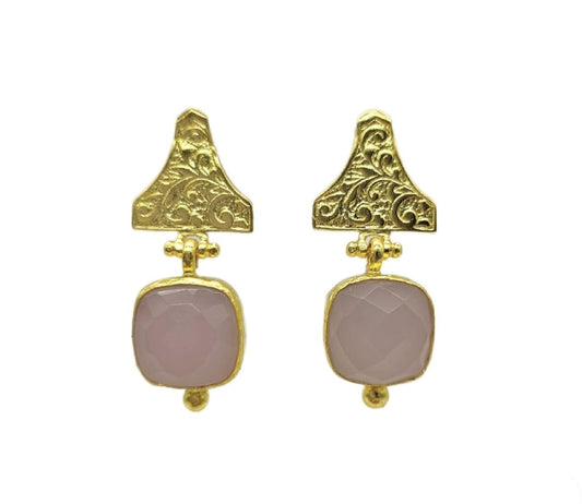 Artisanal eco-friendly gold-plated rose quartz drop earrings with gold motif against white background