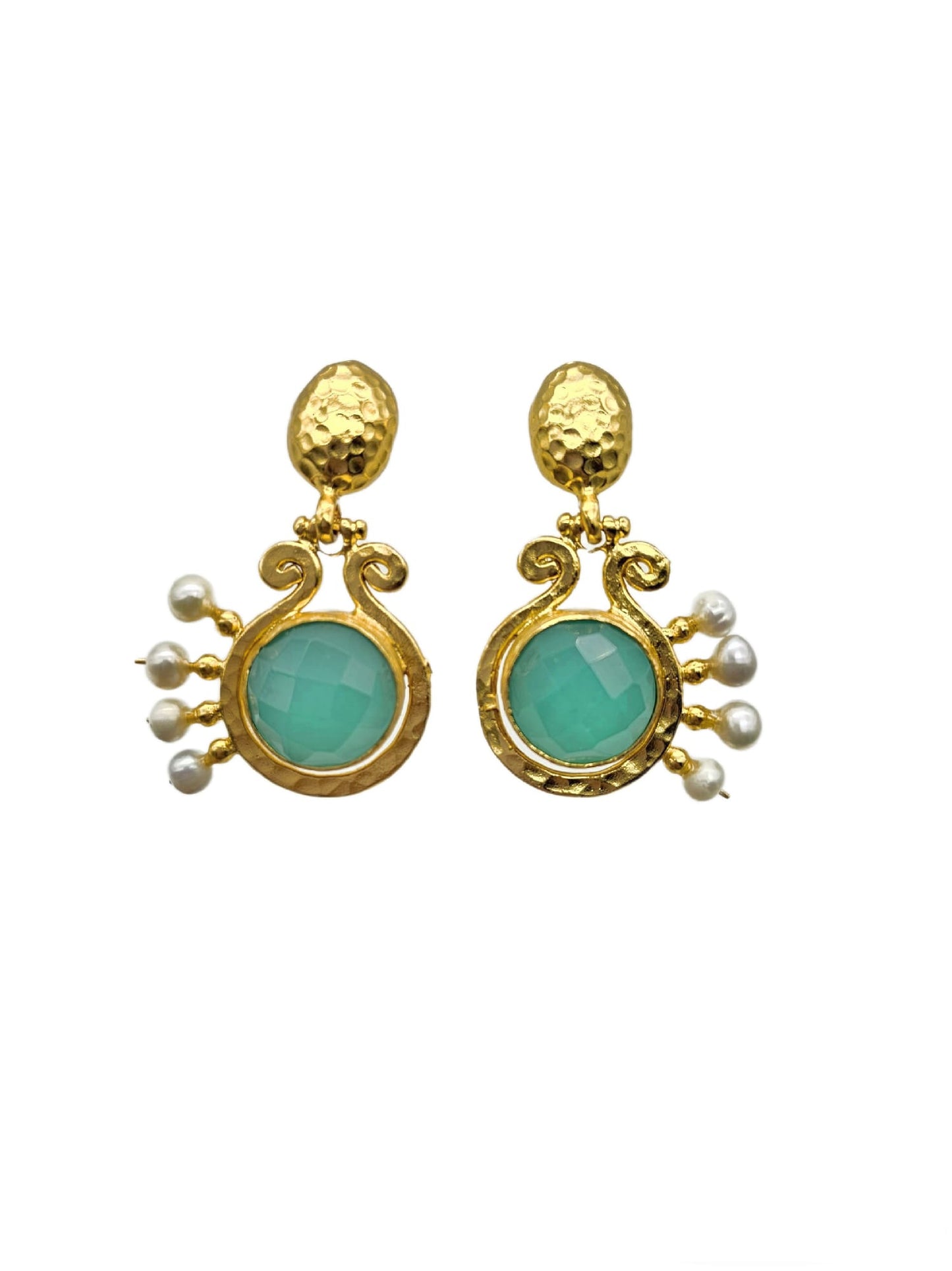 elegant 21k gold plated recycled brass dangle earrings with aqua chalcedony center and pearl detailing