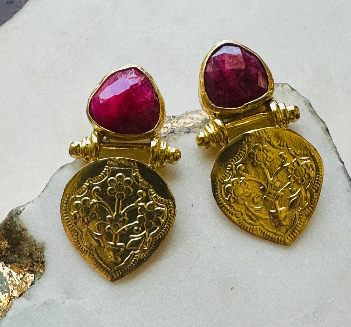Handmade artisanal Gold-plated earrings with faceted teardrop ruby