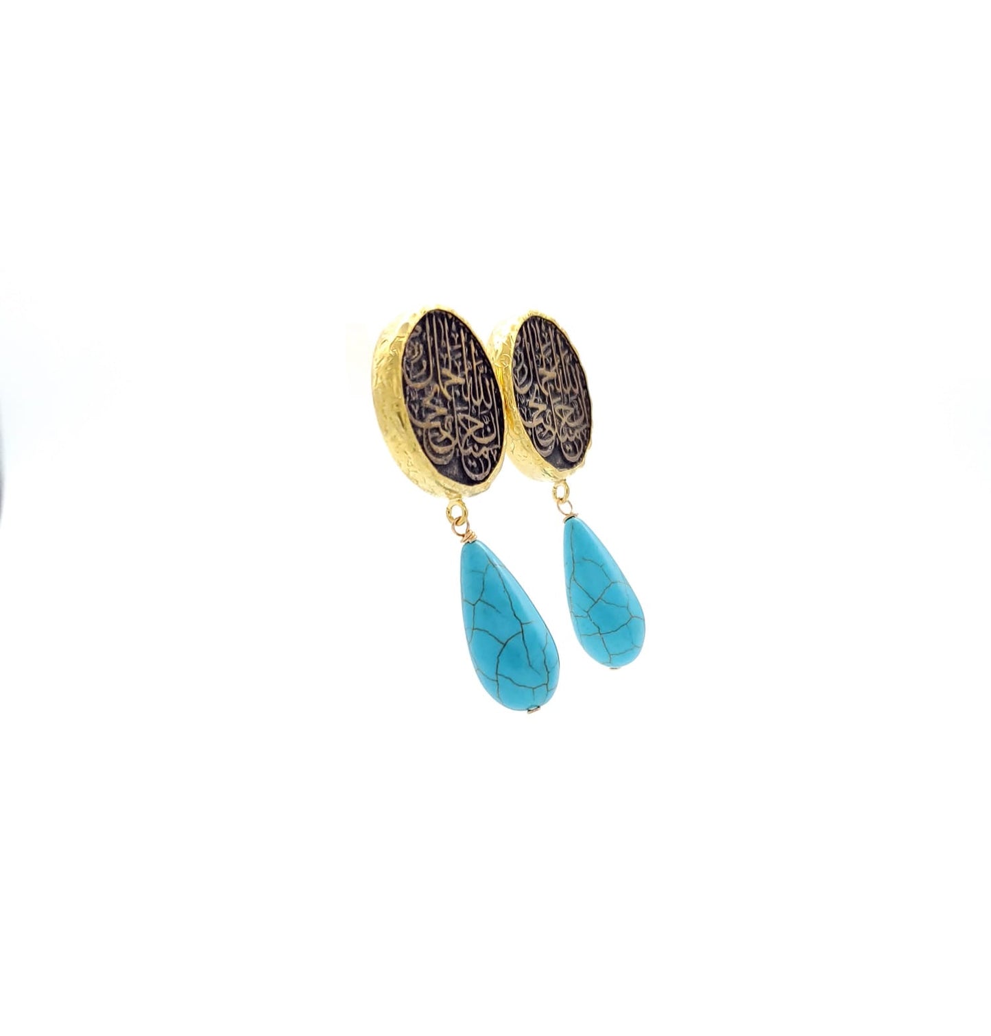 Turquoise drop gold plated arabic calligraphy Earrings