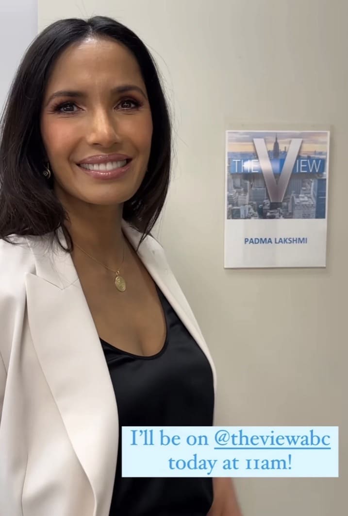 Padma Lakshmi on The View wearing Bebek Jewels earrings & Bruno Cuccinelli pantsuit