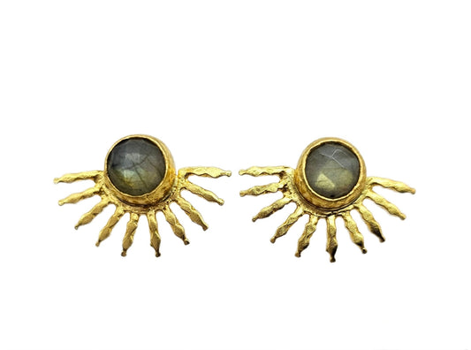Beautiful gold plated starburst fans beneath round faceted labradorite