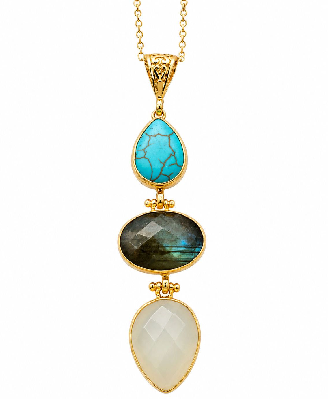 21k gold plated long multi stone pendant necklace boasts teardrop turquoise oval faceted labradorite and teardrop faceted snow quartz Zoomed shot