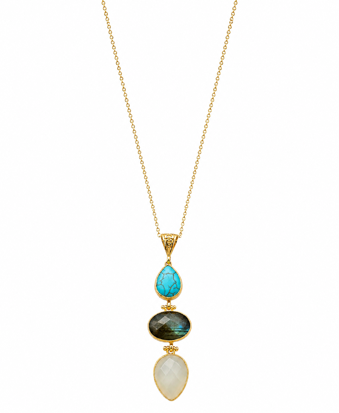 21k gold plated long multi-stone pendant necklace boasts teardrop turquoise, oval faceted labradorite, and teardrop faceted snow quartz