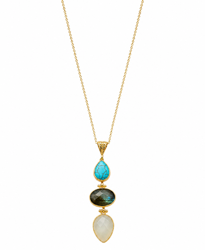 21k gold plated long multi-stone pendant necklace boasts teardrop turquoise, oval faceted labradorite, and teardrop faceted snow quartz