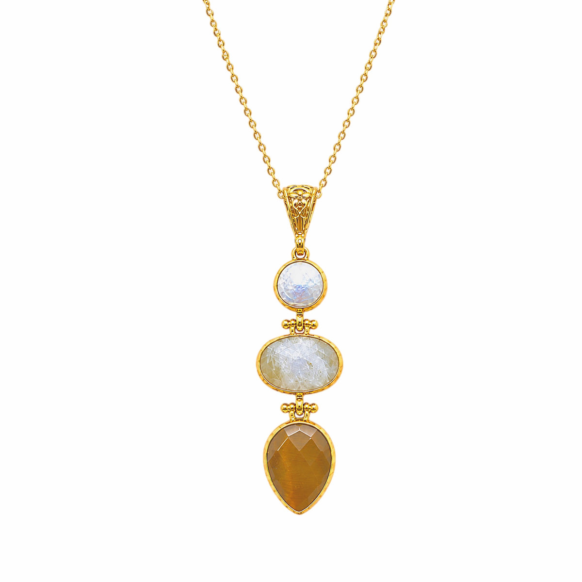 21k gold plated multi-stone pendant necklace boasts teardrop flat pearl, oval faceted moon stone, and teardrop faceted yellow agate