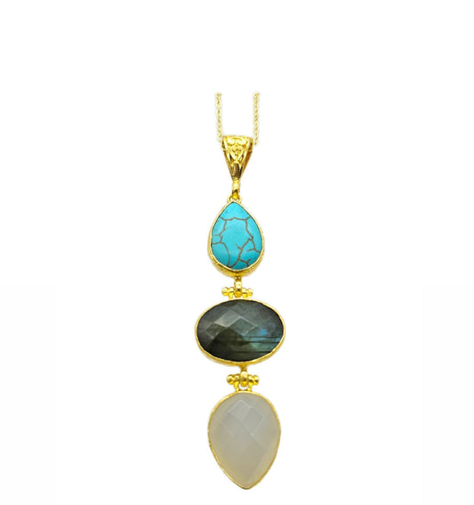 21k gold plated multi-stone pendant necklace boasts teardrop turquoise, oval faceted labradorite, and teardrop faceted snow quartz