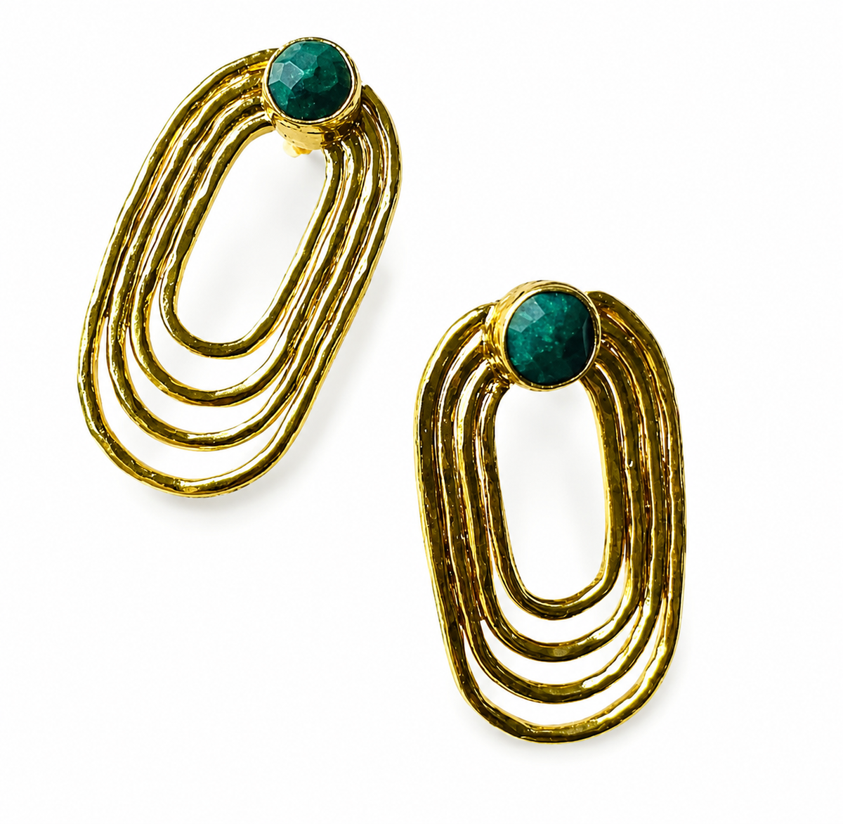 Artisanal Gold-plated paper clip earrings with green gemstones on a white background