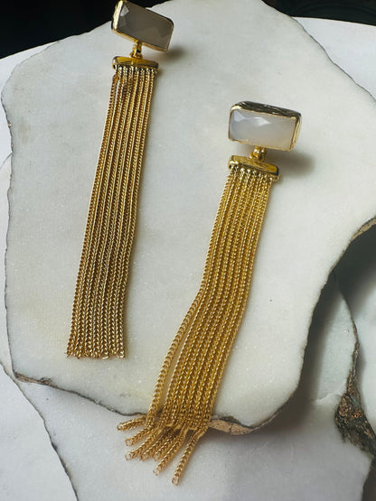Esma Snow Quartz Gold Chain Tassel Earrings