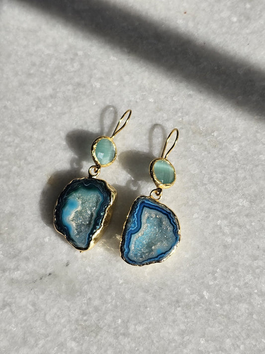 21k gold plated geode agate druzy earrings in blue