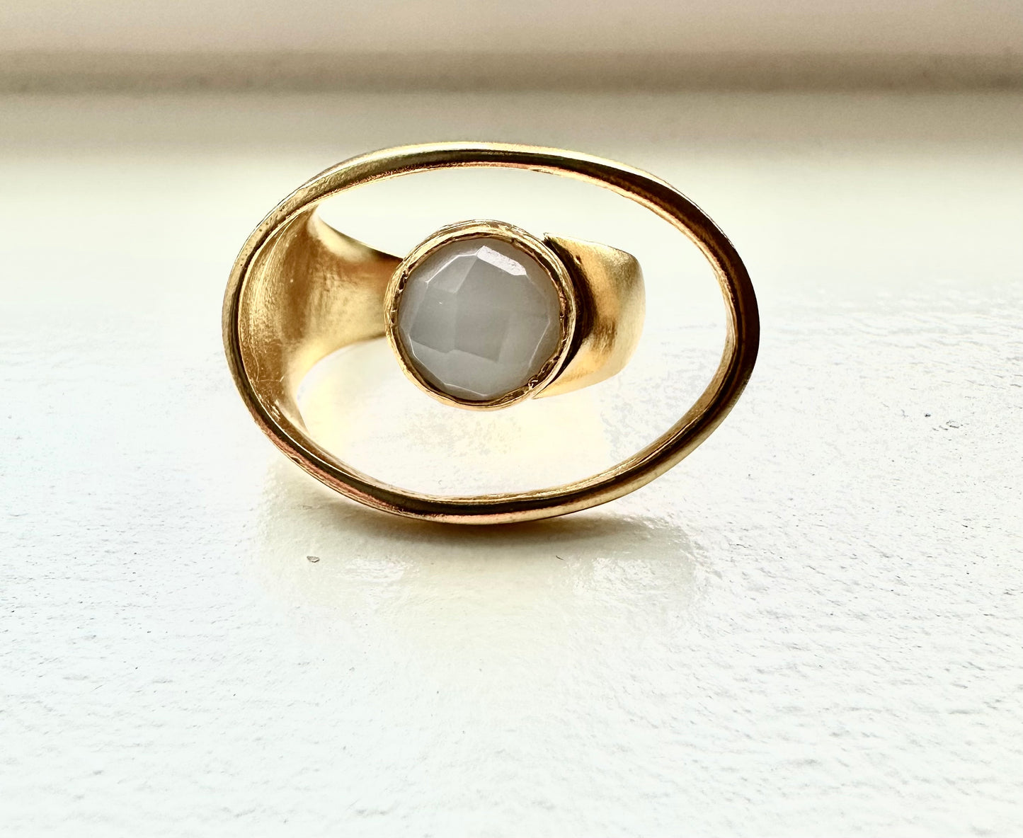 Contemporary Dervish Gold and Snow Quartz Ring