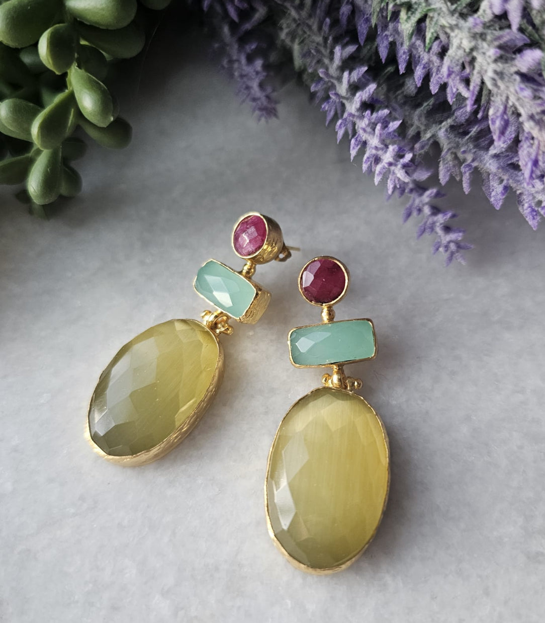 Nilufer Yellow Agate, Ruby, and Aqua Earrings