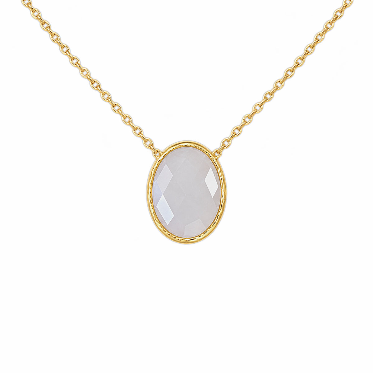 A minimal gold faceted snow Quartz pendant necklace on a white background 