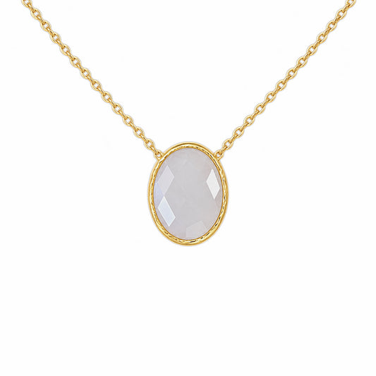 A minimal gold faceted snow Quartz pendant necklace on a white background 