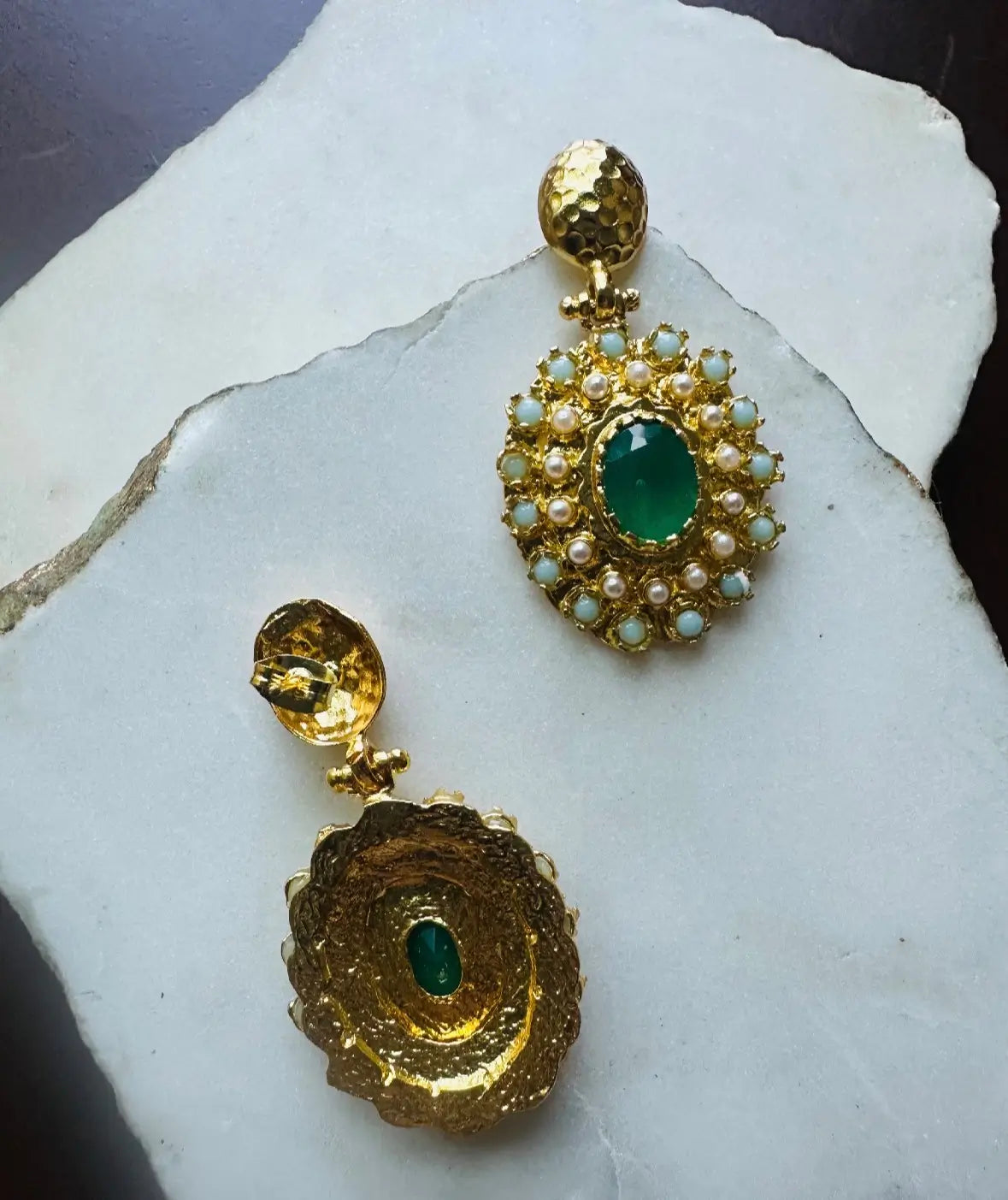 Gulya Emerald and Pearl Pendant Earrings