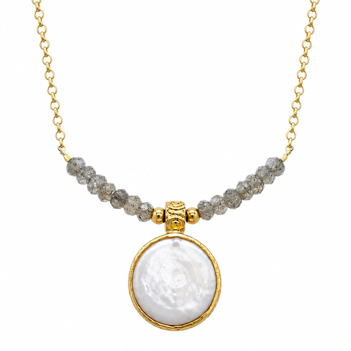 A gold chain minimal flat pearl pendant necklace with a row of small gray beads across upper center