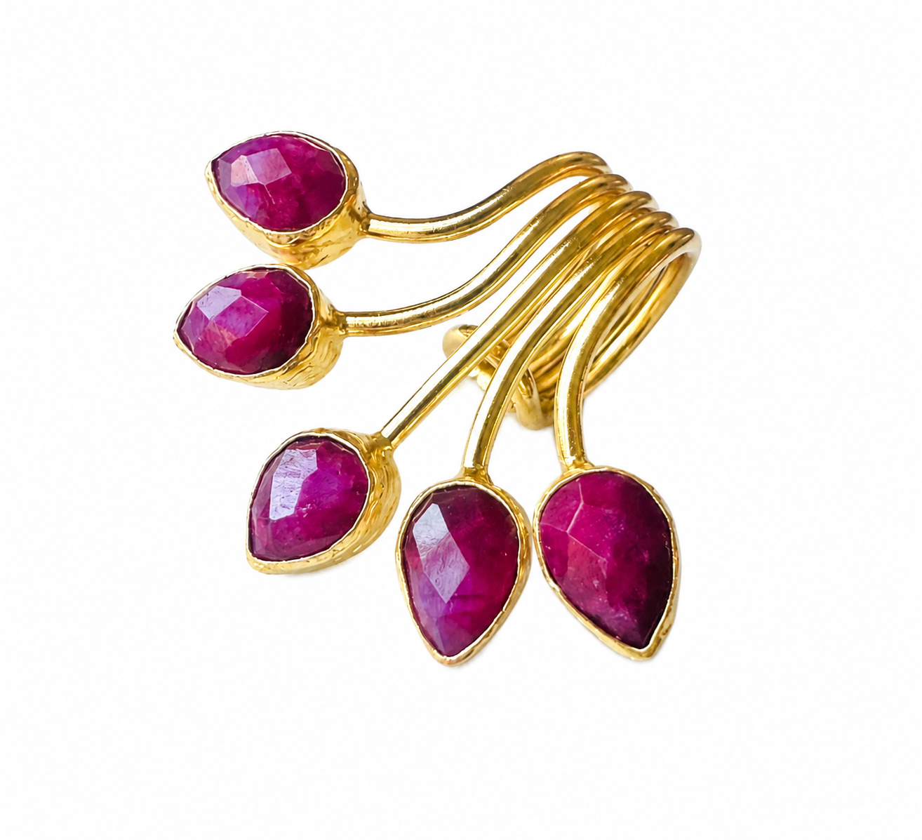A gold-plated multi-stone ruby ring featuring five faceted deep pinkish-red gemstones in teardrop-shaped bezel settings