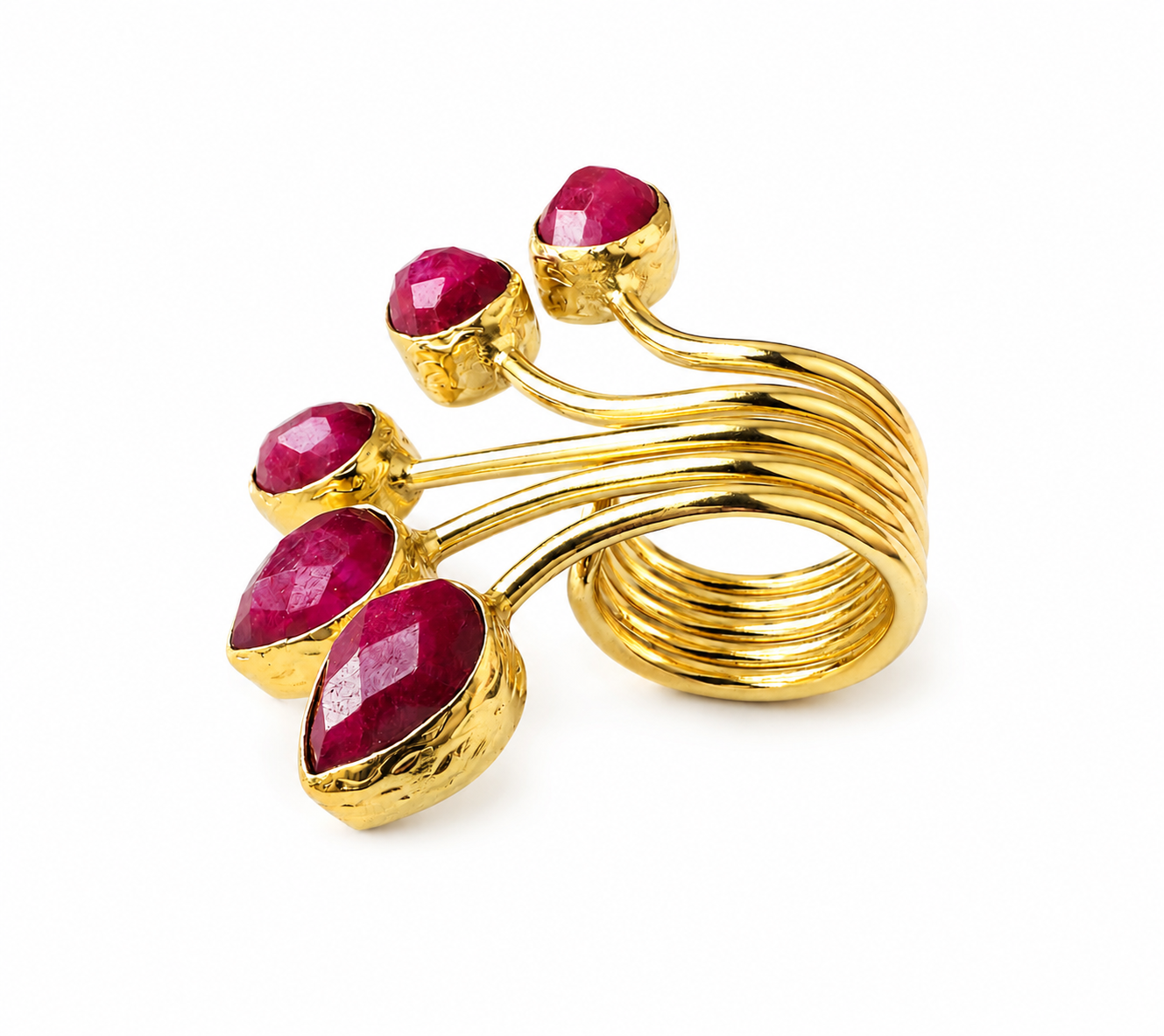 A gold multi-gemstone red ruby fan ring featuring five faceted gemstones 