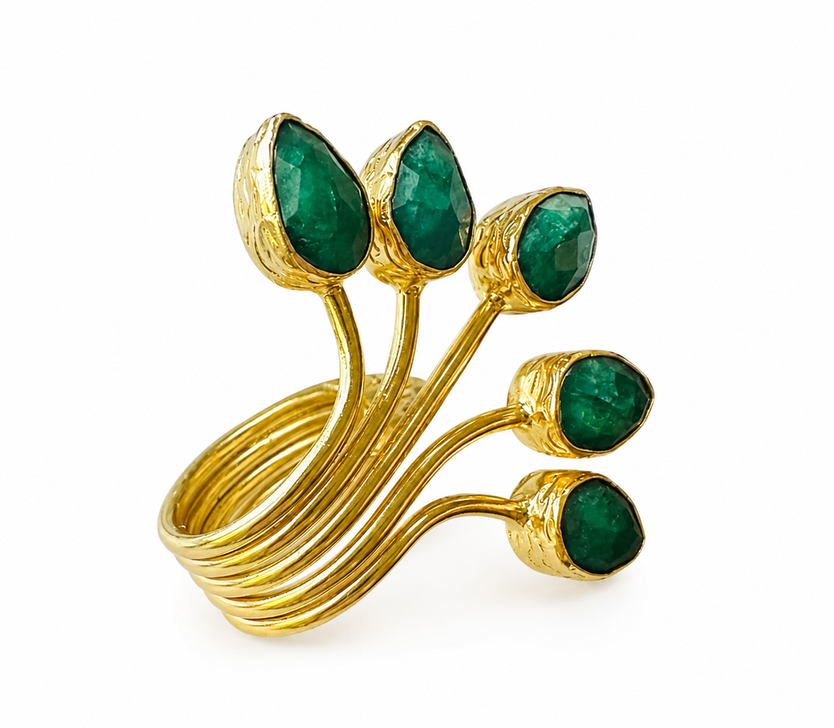 A gold-plated fan multi-stone emerald ring with five leaf-like branches, shown on a plain white background