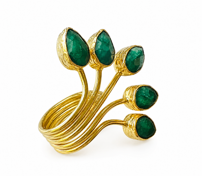 A gold-plated fan multi-stone emerald ring with five leaf-like branches, shown on a plain white background