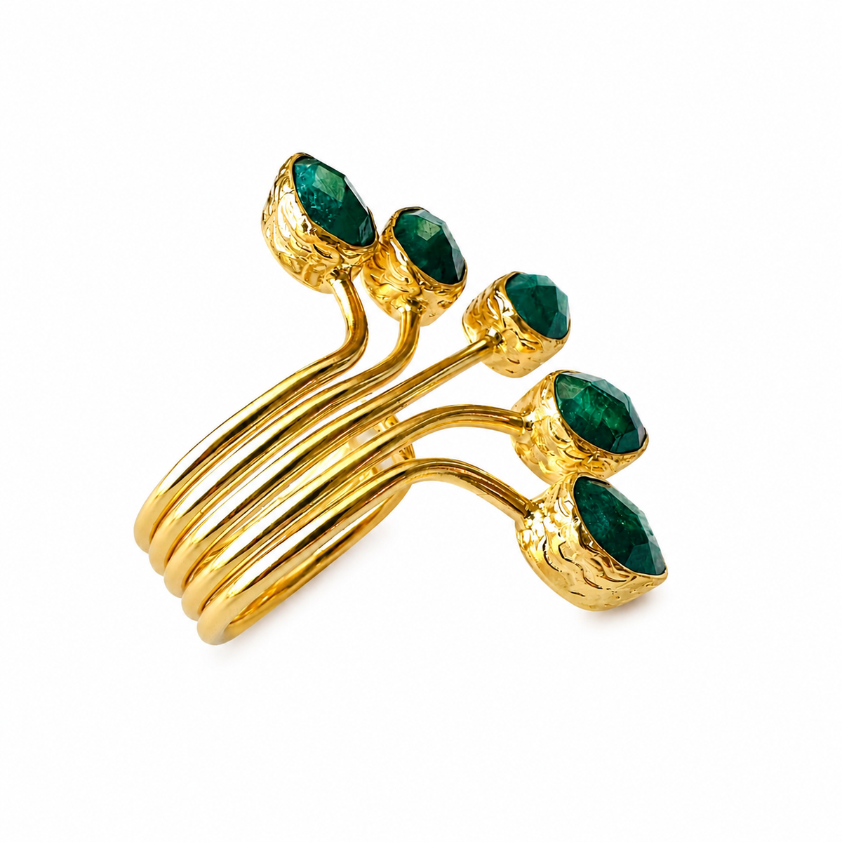 A gold-plated fan multi-stone emerald ring with five leaf-like branches shown on a plain white background