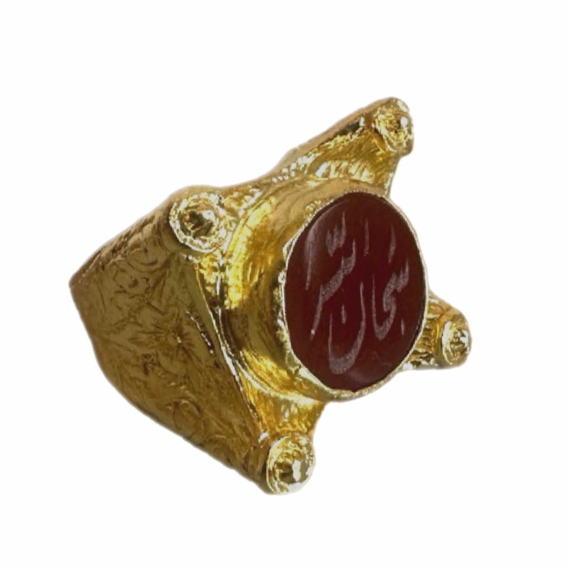 Side view of A gold-plated ring with Arabic calligraphy 'SubhanAllah' written in the center using semi-precious gemstone agate.