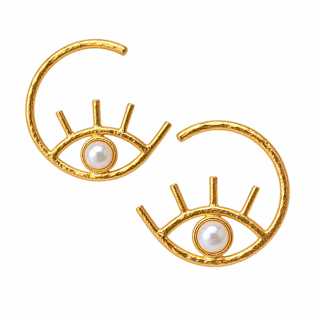 A pair of contemporary gold-plated hammer finished oversized evil eye hoop earrings with pearl center On white background 