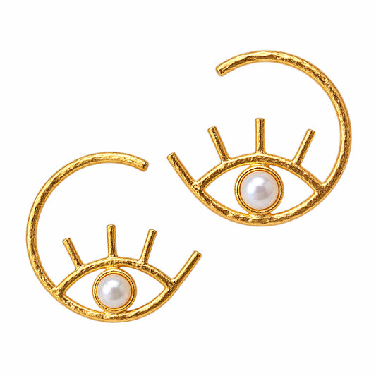 A pair of contemporary gold-plated hammer finished oversized evil eye hoop earrings with pearl center 