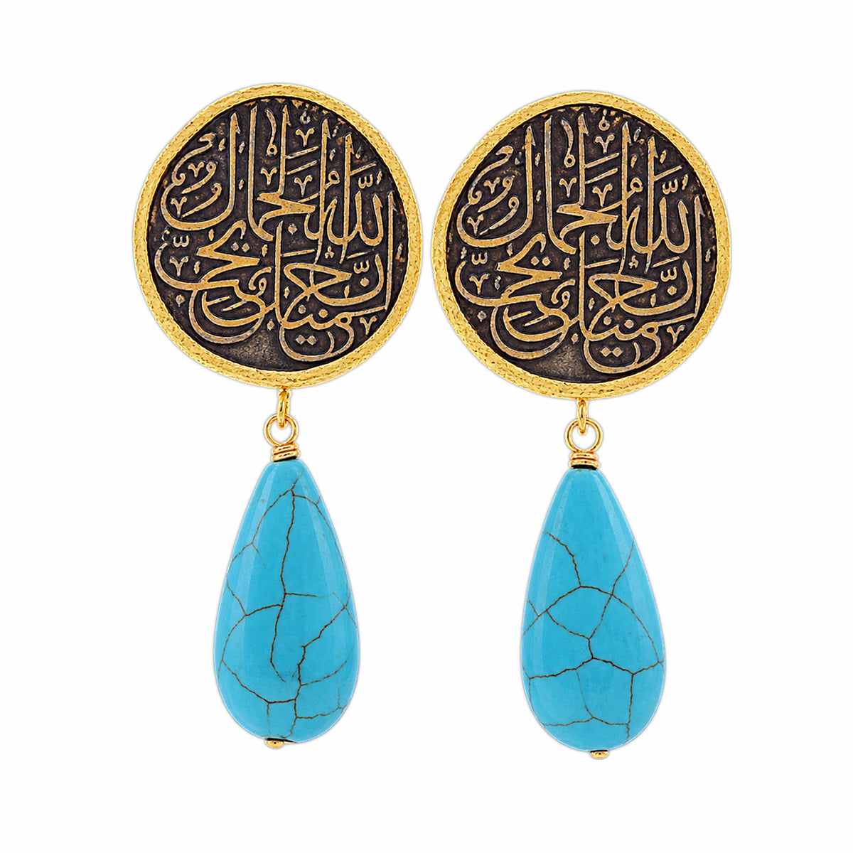 A pair of gold and black drop earrings featuring circular studs with Arabic calligraphy and dangling turquoise on a white background