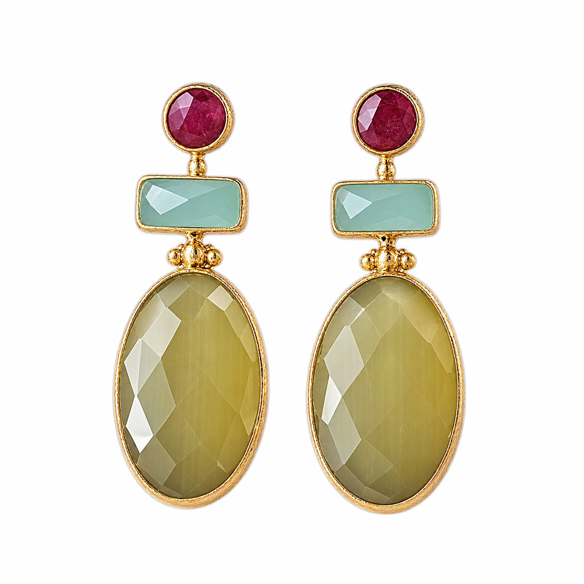 A pair of gold drop earrings featuring a round ruby gemstone, a rectangular aqua chalcedony stone, and a large faceted oval yellow agate stone, shown on a plain white background.