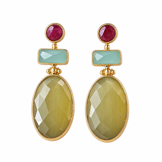A pair of gold drop earrings featuring a round ruby gemstone, a rectangular aqua chalcedony stone, and a large faceted oval yellow agate stone, shown on a plain white background.