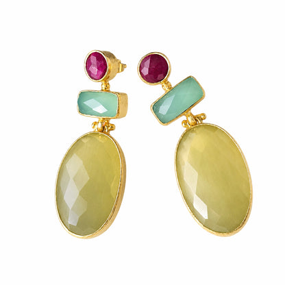 gold drop earrings featuring a round ruby gemstone, a rectangular aqua chalcedony stone, and a large faceted oval yellow agate stone, shown on a plain white background.