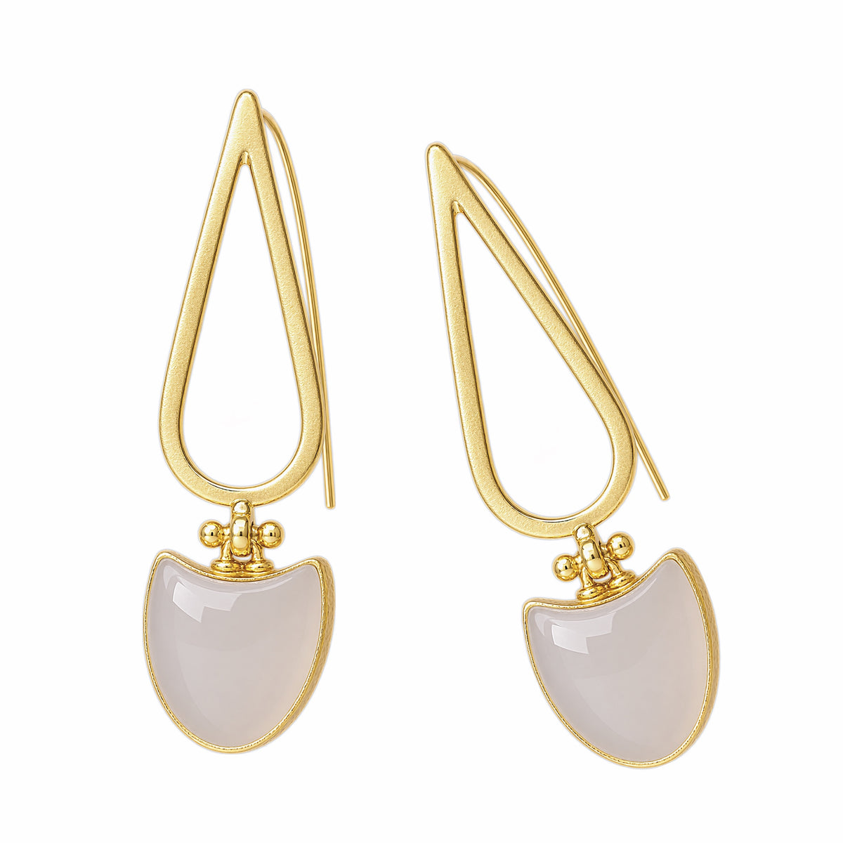 A pair of gold drop earrings featuring a teardrop-shaped gold frame and a curved, semi-circular snow Quartz stone dangle, shown on white background.