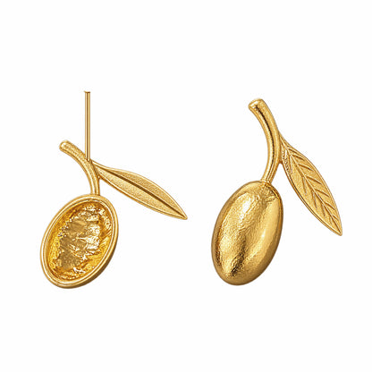 A pair of gold olive stud earrings with textured leaves and post backs, shown on plain white background.