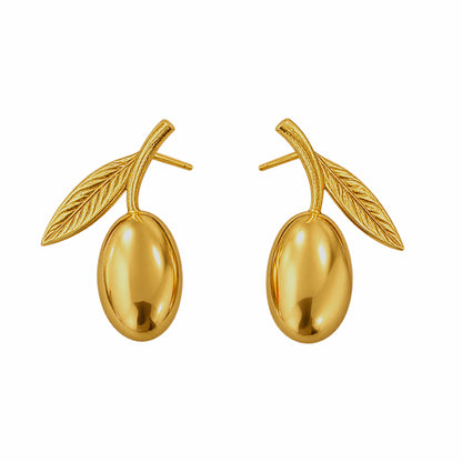A pair of gold olive stud earrings with textured leaves and post backs, shown on a plain white background.
