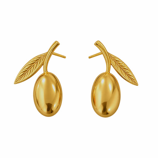 A pair of gold olive stud earrings with textured leaves and post backs, shown on a plain white background.