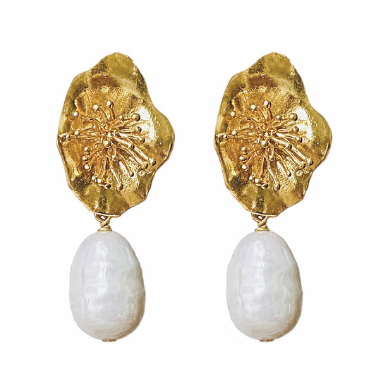 A pair of gold-plated flower dangle earrings featuring textured, dangling baroque white pearl drops, shown on a white background.