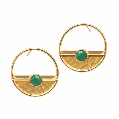 A pair of gold-plated hammer-finished half disc earrings with green jade accents, displayed against a white backdrop