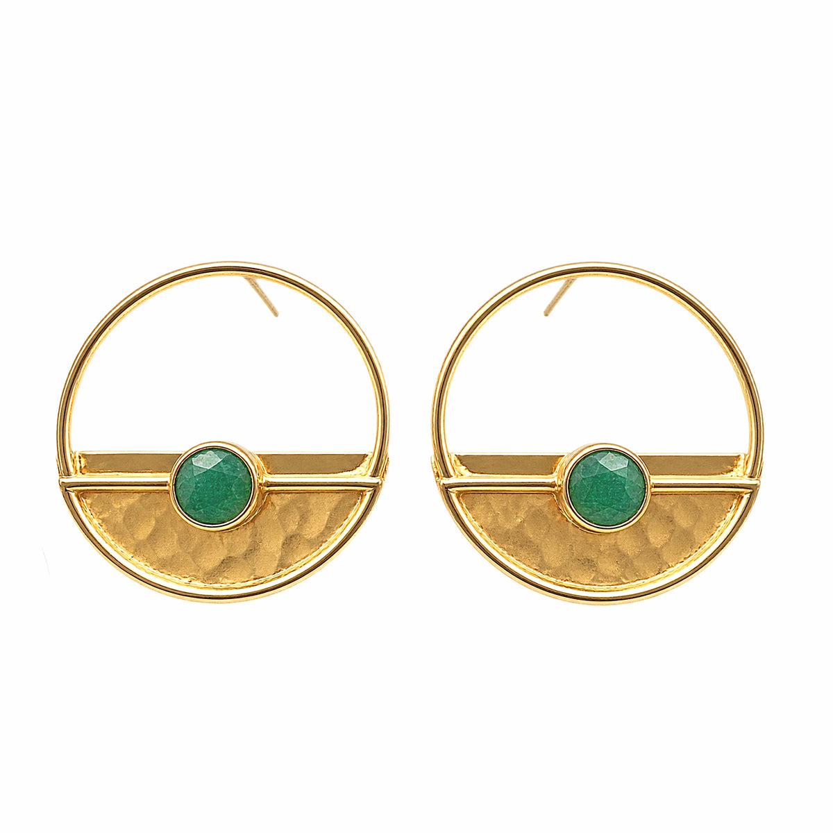 A pair of gold-plated hammer-finished half disc earrings with green jade accents, displayed against white 