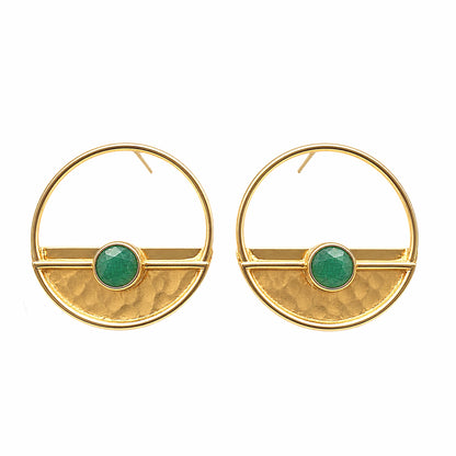 A pair of gold-plated hammer-finished half disc earrings with green jade accents, displayed against white 