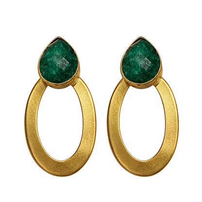 pair of gold-plated hoop earrings with green jade teardrop accents, displayed against a white background.